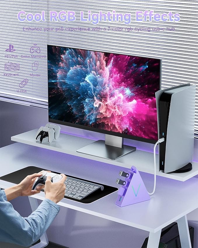 USB C Hub, USB Type C to 4-Port USB 3.0 Adapter for MacBook, Surface, Laptop, Flash Drive, Mouse, Keyboard, HDD (2ft, Light Purple)
