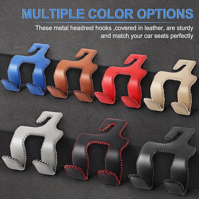 LivTee Upgraded Superior Leather Car Seat Back Headrest Hook, 2 in 1 Auto Seat Hook Hangers Holder Organization Interior Accessories for Purses Coats Umbrellas Grocery Bags Handbag (Blue)
