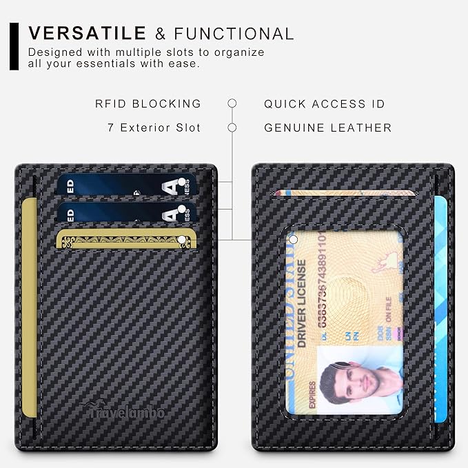 Travelambo 100% Genuine Leather Wallet for Men and Women, Slim Minimalist RFID Blocking Front Pocket Credit Card Holder with Gift Box(Carbon Fiber Black)
