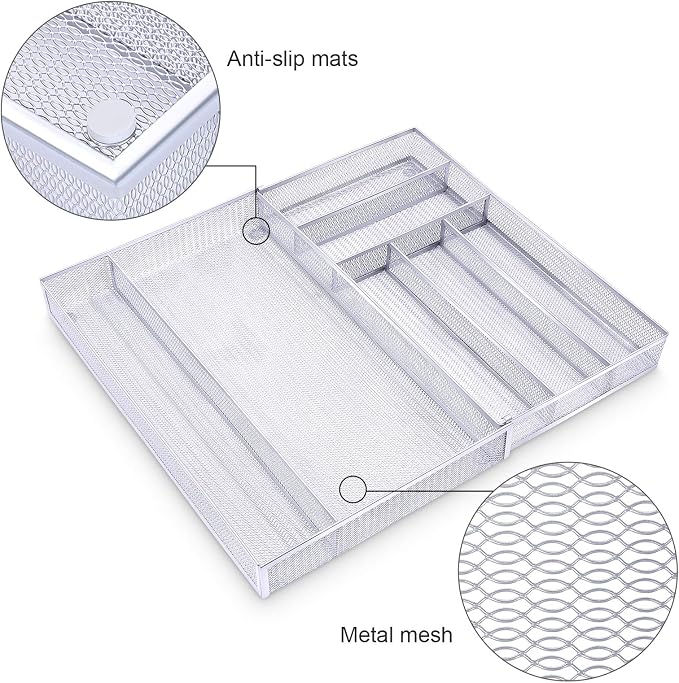 WuGeShop Expandable Office Drawer Organizer, 6 to 7 Compartments Adjustable Mesh Desk Drawer Organizer, Good Desk Organizer for Office Supplies and Art Supplies