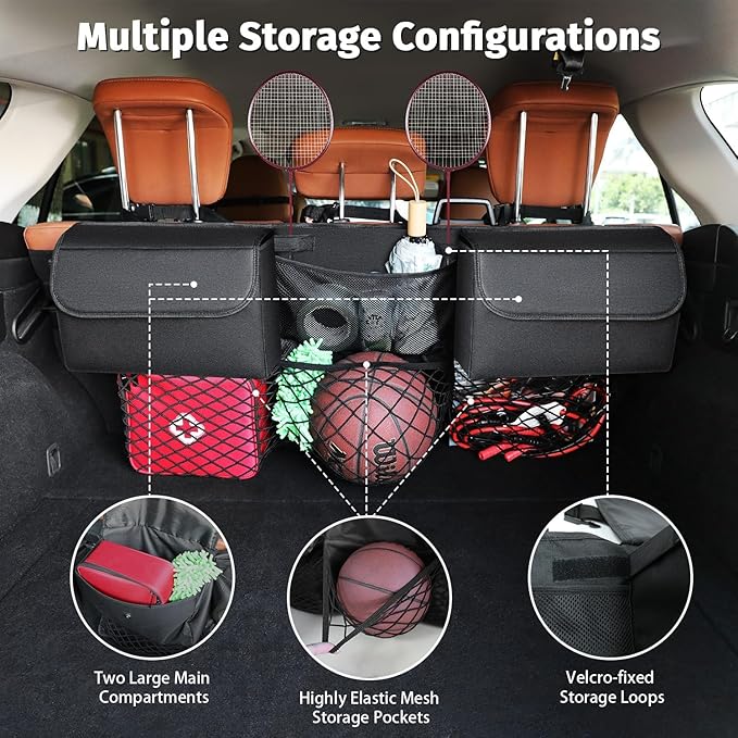 Deluxe Trunk Organizer for Medium or Large Size SUVs & RVs, Backseat Hanging Trunk Organizer, Waterproof Collapsible Car Storage Bag with 6 Pockets, Reinforced No-Sag Design (Black)