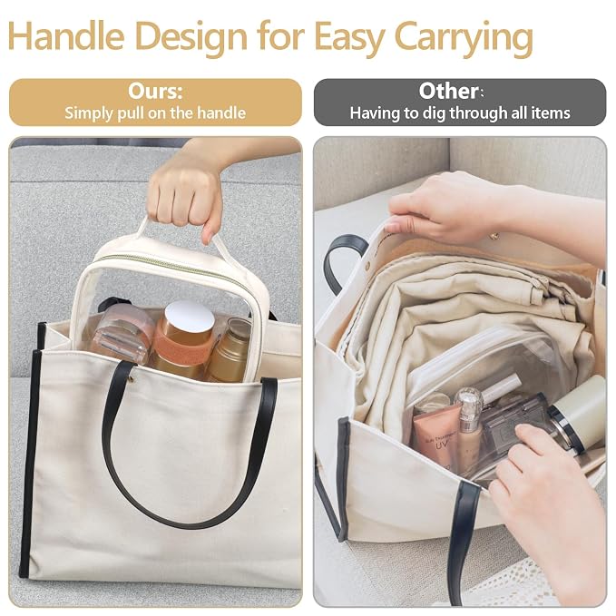 PACKISM Clear Makeup Bag Combo Pack, 1 TSA Approved Medium & Large for Checked Luggage, Clear Toiletry Bag with Handle, Water-resistant Travel Essentials Organizer, Creamy Off-White