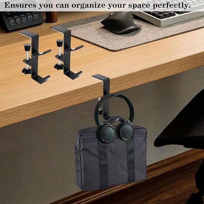 Desk Mount Headphone Hook Bag Holder Hook Clamp,Headphone Hanger and Backpack Hanger with Double Hooks,Universal Aluminum Alloy Gaming Headphone Stand Under Desk