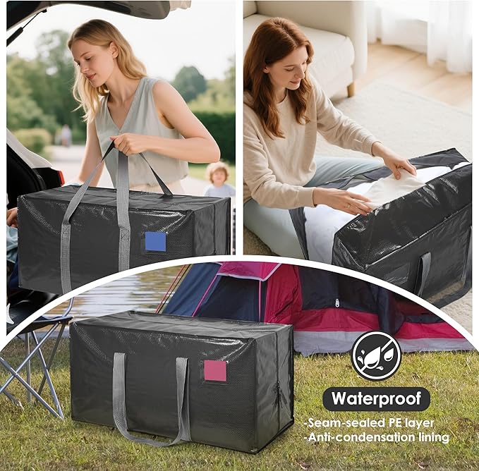 6 Pack Moving Bags with Full-Open Side Zipper, Extra Large 93L Heavy Duty Waterproof Foldable Storage Totes for College Dorm, Moving & Home Organization Gray