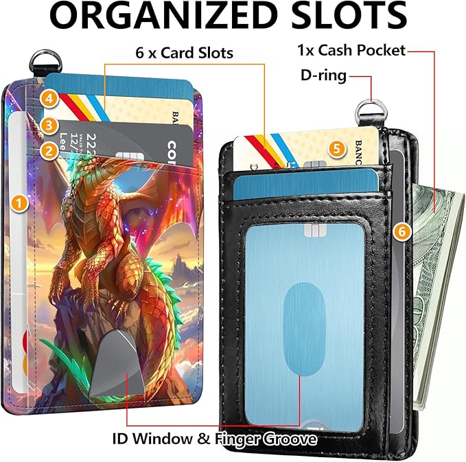Slim RFID Blocking Card Holder Wallet with Wrist Strap - Minimalist Front Pocket Wallet, Golden Dragon Design, PU Leathe, for Men & Women, Ideal for Travel & Gifts