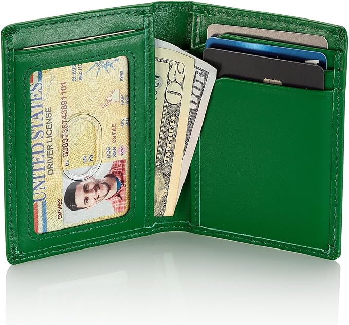 Stealth Mode Men's Slim Front Pocket Wallet - RFID Blocking, Thin Minimalist Design, Genuine Leather - ID Badge Window and 5 Sleeves for Money, Credit Cards, Driver License (Green/White)