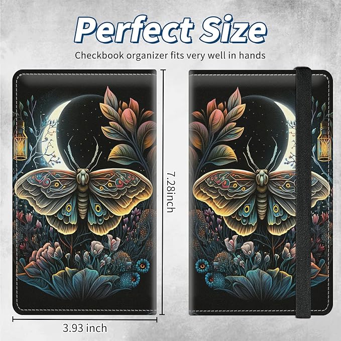 Checkbook Covers for Personal Checkbook Duplicate Checks RFID Blocking Checkbook Cover for Women Men with Elastic Strap Card Slots Pen Holder - Moth Moon Flower Floral