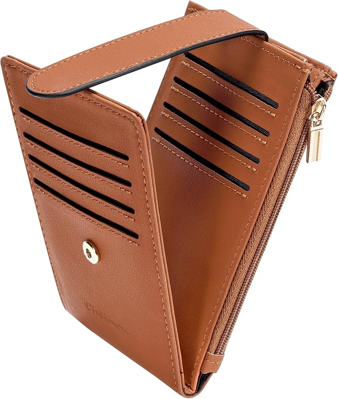 Chelmon Womens Wallet Slim RFID Blocking Bifold Multi Card Case Wallet with Zipper Pocket (Tan)