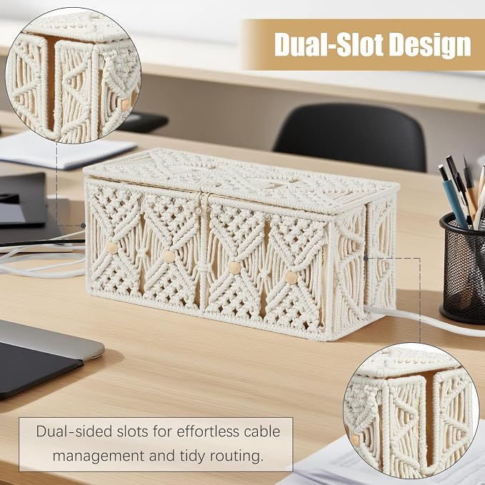 Cable Management Box Handmade Macrame Cord Storage Organizer Power Strips Outlet Router Adapter TV Wire Hider Cover Under Desk Natural Cotton Rope Woven Boxes with Lid (Off White, Large)