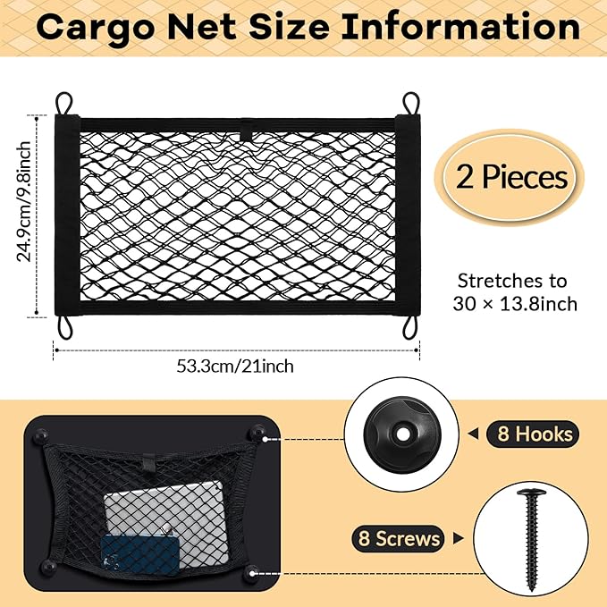 Frienda 2 Pieces Stretchable Small Cargo Net Pocket Storage Mesh Net Elastic Automotive Storage Pouch with 8 Pieces Mounting Screws and Hooks for Truck Car SUV Boats(21 x 9.8 Inches)