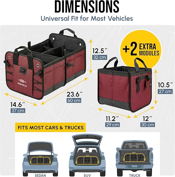 4-Section Trunk Organizer for SUV, Truck, Van, Sedan – Modular Extra Large Cargo Bin, Detachable Car Trunk Storage with Dividers, Collapsible Auto Organization System – Cherry