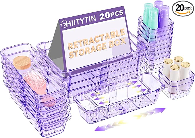 20 Pcs Adjustable Clear Drawer Organizer, Extendable Vanity Storage Bins, Desk Drawer Organizer Set for Makeup, Cosmetics, Bedroom, and Gadgets, Purple