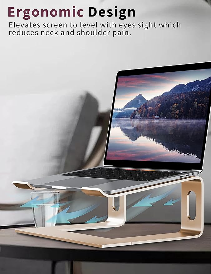 ALASHI Laptop Stand for Desk, Aluminum Computer Riser, Ergonomic Notebook Holder, Detachable Metal Laptops Elevator, PC Cooling Mount Support 10 to 15.6 Inches Notebook, Gold
