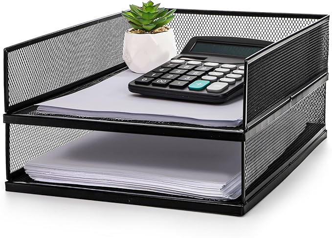 YOUEON 2 Pack Wire Mesh Letter Trays 12.8"x10"x2.9", Stackable Paper Tray Organizer for Desk, Metal Desk Magazine File Holder for Home, Office, School