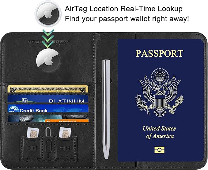 Airtag Passport Holder for Travel Essentials Wallet Rfid Blocking Cover Leather Case Vacation Travel Accessories for Women Men (601#Black)