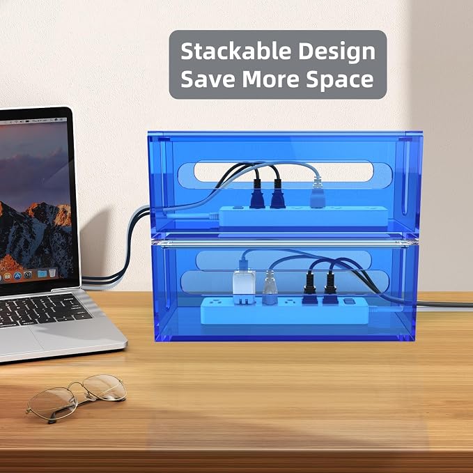 Cable Management Box Acrylic Cord Organizer Box Power Strip Storage Box to Hide Wires, Blue