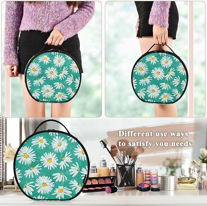 senya Round Cosmetic Pouch Travel Makeup Train Case Green Chamomile Makeup Organizer Bag with Adjustable Dividers Portable for Cosmetics Makeup Brushes Toiletry Jewelry Accessories
