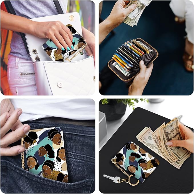 Credit Card Holder RFID Wallet, Small Card Holder Wallet for Women with Keychain Zipper, Funny Leather Print Credit Card Wallets Accordion Gift