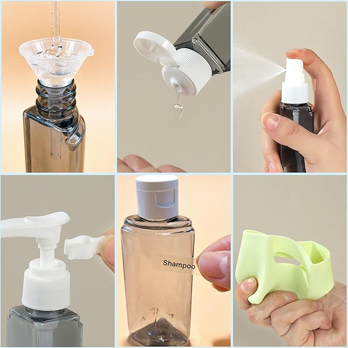 4-in-1 Square Refillable Cosmetic Container Kit, Leak Proof Portable Travel Toiletry Bottles, TSA Approved Travel bottles, Empty Jars for Cosmetics Lotion Shampoo (Light Grey)