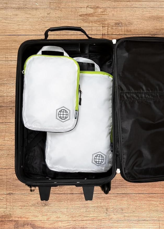 Compression Packing Cubes for Travel, 2-Piece Lightweight Packing Cubes Set for Carry-On Luggage & Backpacks – TRIPPED Travel Gear (White and Green)