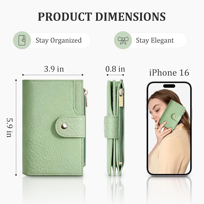 Airkit Small Women's Bifold Wallet, RFID Blocking Credit Card Holder with Zipper, Travel Cute Coin Pocket Wallet for Ladies, Green