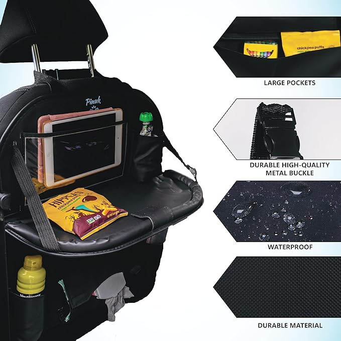 Car Backseat Organizer with Built-in Foldable Tray | Double Layered Leather, Waterproof Car Seat Organizer with Pockets | Easy Installation, Perfect for Family Trips and Daily Use