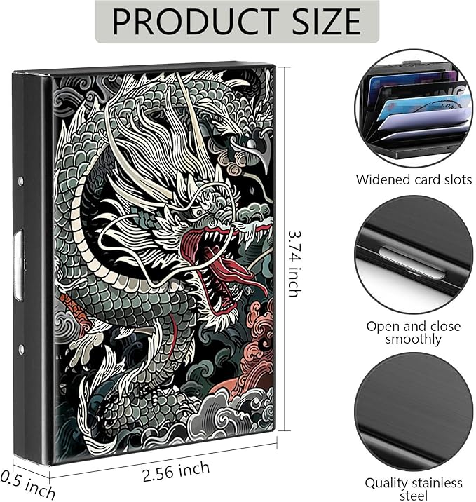 Credit Card Holder, Chinese Dragons Design Mini RFID Blocking Aluminum Wallet Slim Metal Hard Case Shell Travel Wallet ID Case Small Credit Cards Case Business Cards for Women Men Girls