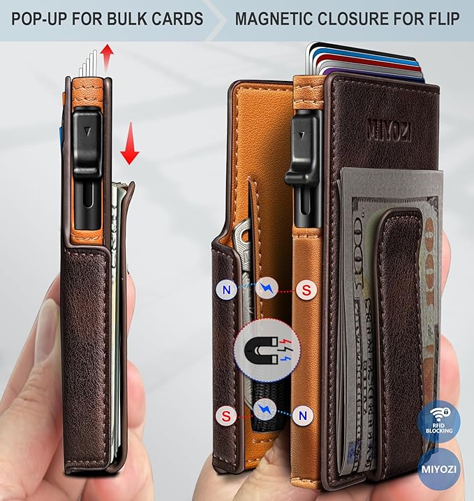 miyozi Wallet for Men with Money Clip Coins Pocket ID Window Gift Boxed,Slim Smart Front Pocket RFID Blocking Wallet Pop-up Card Holder in Magnetic Leather Flip 3.9"x 2.7"