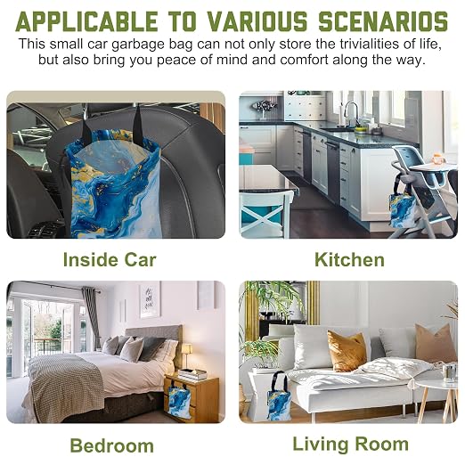 Car Trash Bag Abstract Blue Gold Fluid Marble Leak-Proof Waterproof Car Garbage Bag with Drawstring Foldable Canvas Trash Bin with Adjustable Buckle for Car Accessories