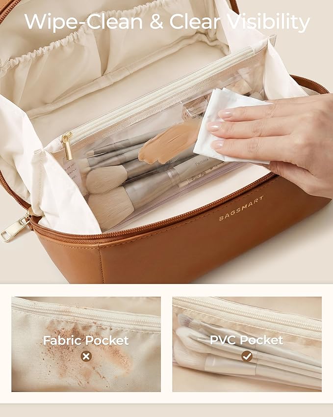 BAGSMART Makeup Bag Travel Cosmetic Bag, Large Make Up Bag Flat Open Toiletry Bag for Women, PU Leather Travel Essentials Organizer Case, Wide-open Pouch Purse for Skincare, Brushes, Sky Blue