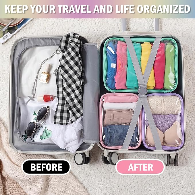 6 Pcs Clear Packing Travel Cubes Set Reusable See Through Premium PVC Plastic Organizer Bag with Handle for Summer Camp Travel Luggage Storage Organizer Multipurpose Pouch Toiletry Bag(Bright Color)