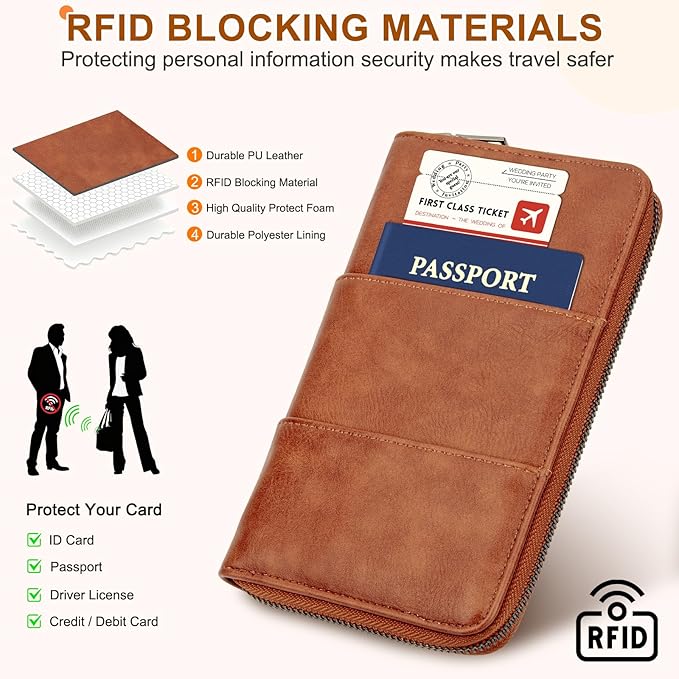 Family Passport Holder Wallet with Zipper, RFID Blocking Travel Document Organizer, PU Leather Passport Wallet for Women Men, Passport Cover Travel Wallet for Boarding Pass, ID, Money, Ticket