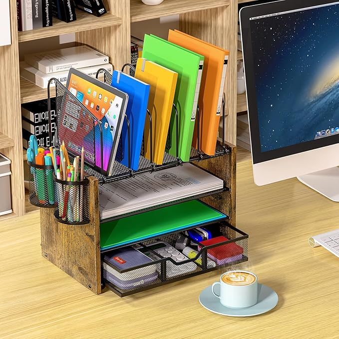 DAOUTIME 4-Tier Mesh Desk Organizer, Wooden Desk File Organizer with 5 Vertical File Holders and 2 Pen Holders, Desktop Organizers and Accessories with Drawer for Home Office