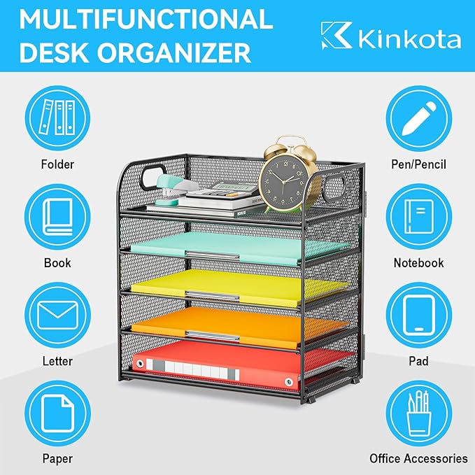 Paper Organizer Letter Tray with Handle, 5-Tier Black Stackable Desk Organizer with Metal Mesh, Sturdy Paper Tray for Office Desk, Home & Classroom Supplies Storage