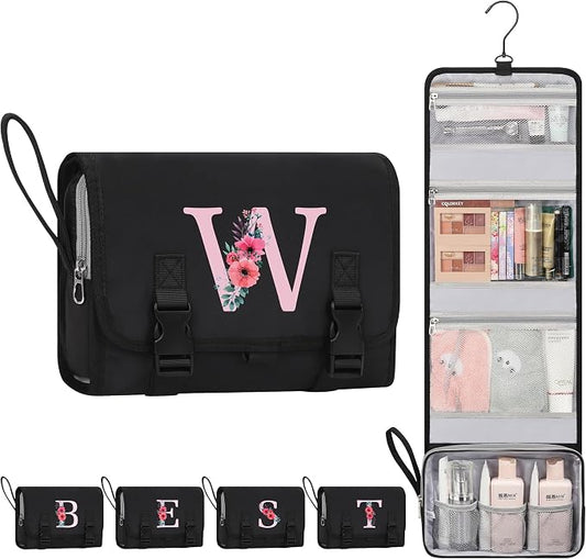 Relavel Hanging Toiletry Bag for Women, Initial Hanging Toiletry Bag with Compartments, Large Toiletries Pouch Makeup Bag with Full-size Container, Travel Cruise Essentials - Black W