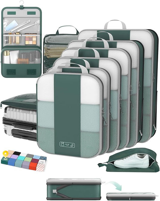 10 Set Compression Packing Cubes for Travel Essentials,Compressible Expandable Packing Cubes for Suitcase,OlarHike Luggage Organizer Bags for Travel,Handy Helper for Organizing Clothes(Dark Green)
