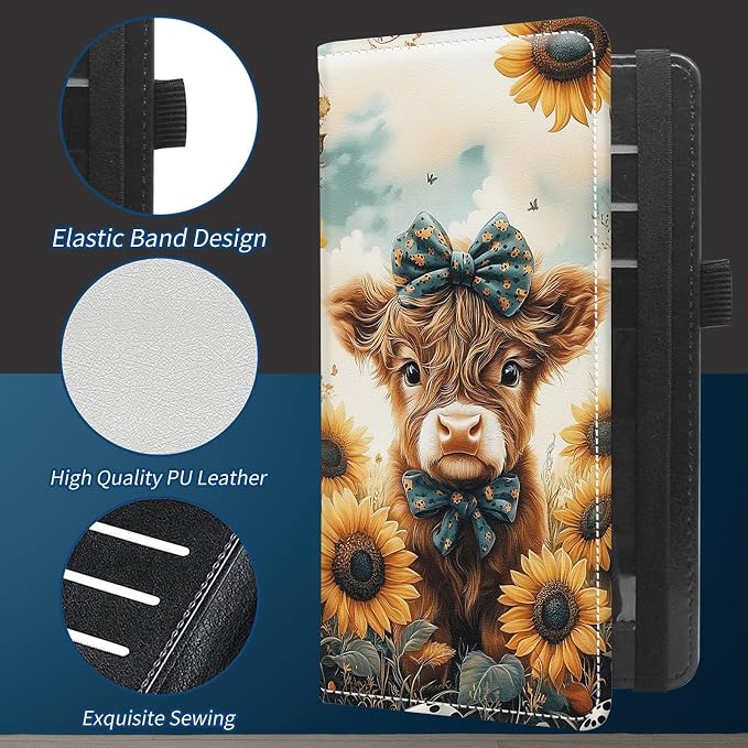 Check Book Cover for Personal Checkbook with Duplicate Checks for Women's & Men PU Leather Wallets Check Book Holder with Pen Card Slots Elastic Strap,Highland Cow Sunflowers