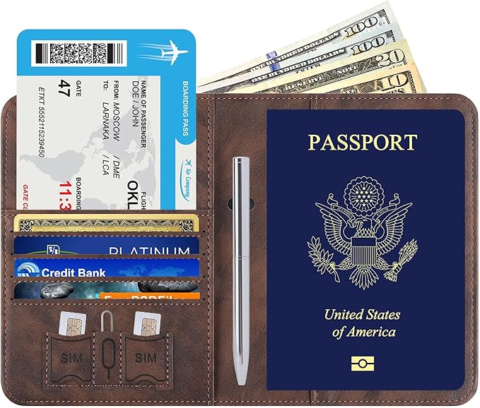 Airtag Passport Holder for Travel Essentials Wallet Rfid Blocking Cover Leather Case Vacation Travel Accessories for Women Men (601#Coffee)
