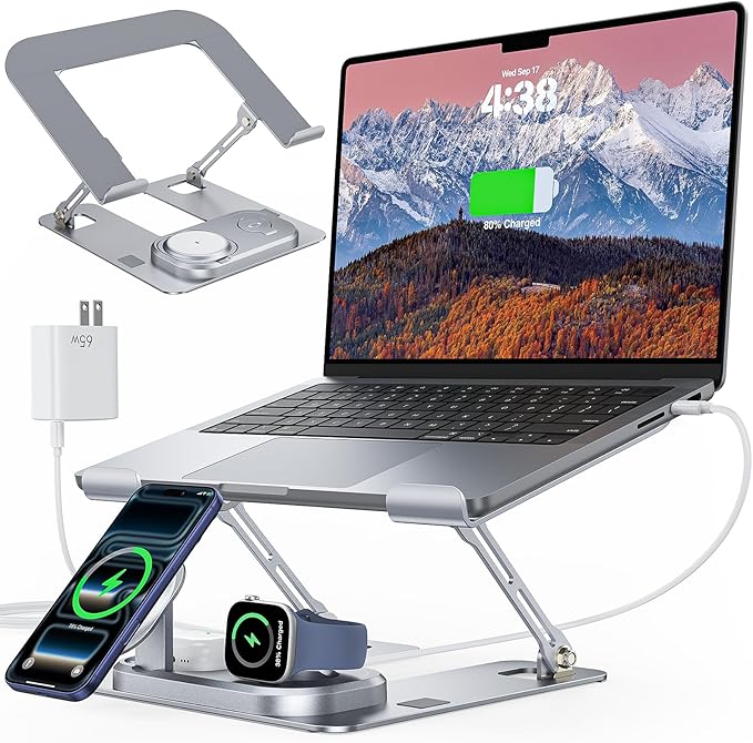Meifigno Laptop Stand for Desk with Wireless Charging Station Base, Foldable Aluminum MacBook Stand with MagSafe Charger for iPhone/iWatch/AirPods, 30W USB-C Charging for All Laptop, with 65W Adapter