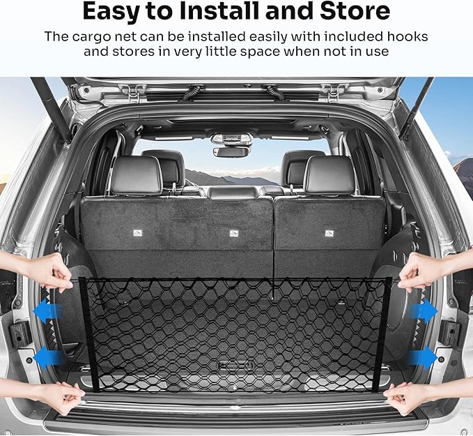 Canvcle Trunk Cargo Net for 2011-2021 Jeep Grand Cherokee Accessories Envelope Style Mesh Trunk Net Organizer and Storage Stretchable Adjustable Elastic Nylon Rear Cargo Netting with Hooks