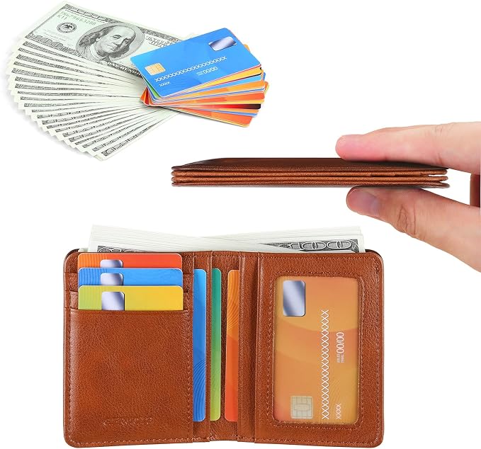 Bifold Slim Men Wallet Genuine Leather Thin, Small Vertical RFID Blocking Wallets for Men ，Compact & Stylish with Clear ID Windows (Brown)