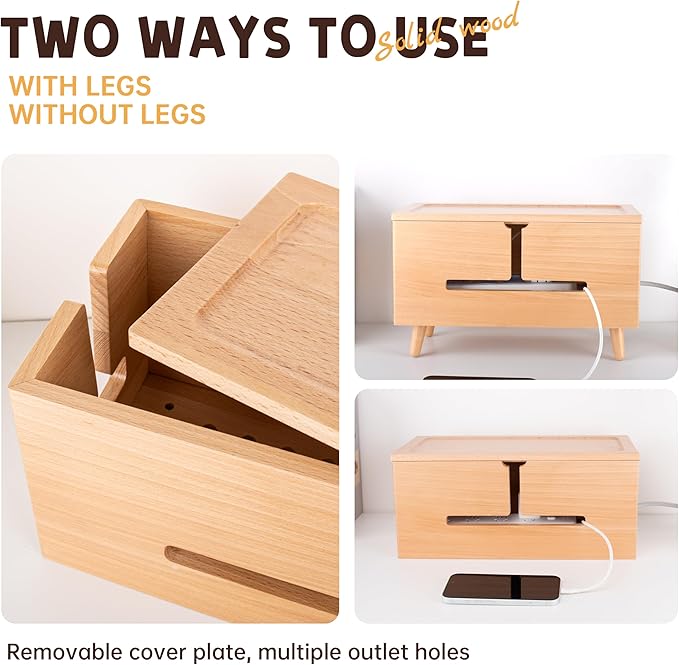 Natural Beechwood Large Cable Management Box for Power Strip & Cord Hider | Solid wood cable box fits 13" strips, flame-retardant, detachable legs, vents, child-safe, tool-free, hides 6-8 cords