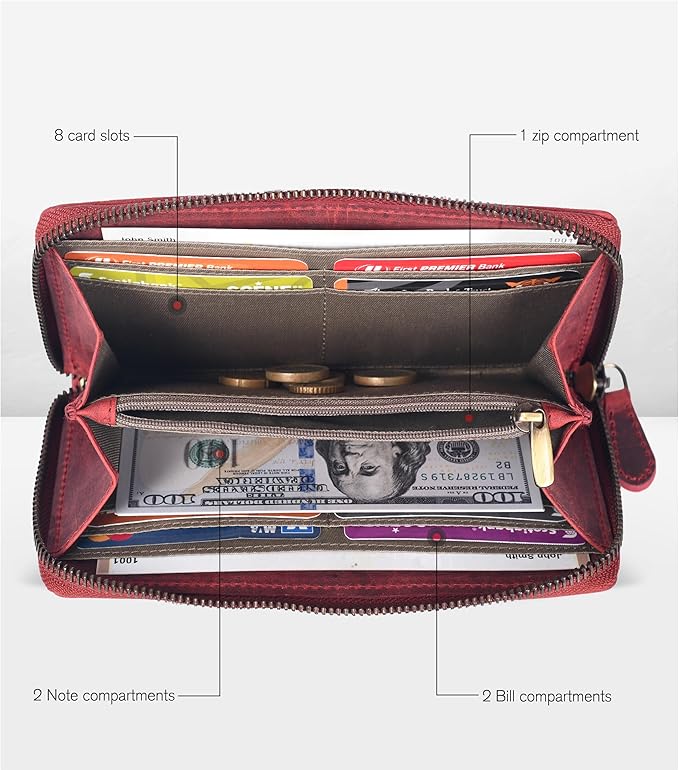 Oak Leathers Red Vintage Leather Wallet for Women - RFID Womens Wallet Clutch with 8 Credit Card Holder, Coin Pocket, Gift for Women’s