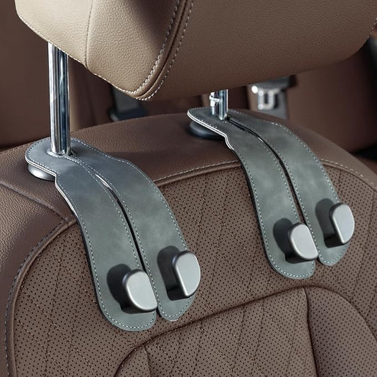 CoBak Purse Hook for Car - Universal Premium Stitched Leather and Aluminum-Magnesium Alloy Double Car Seat Back Storage Hook for Purses, Handbags, Bags (2 Pack),Gray