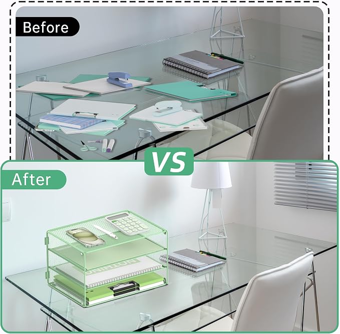 DALTACK 3 Tier Letter Tray Paper Organizer for Desk, Mesh Metal Desk File Organizer with Sliding Trays for Letter/A4 Paper, Mail, Bills & Folders, Mint Green