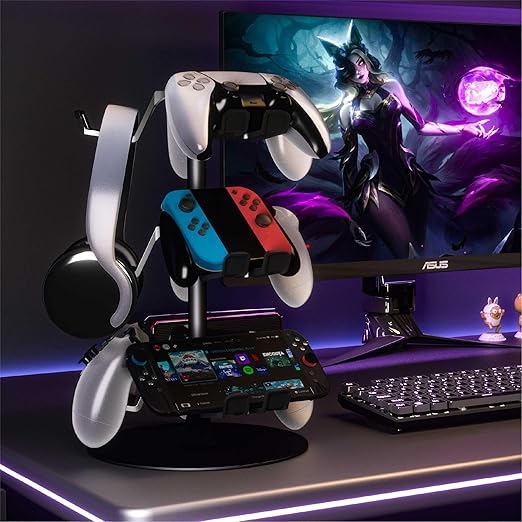 Controller Holder Stand 3 Tiers for Desk, Aluminum Alloy Rotatable Gaming Headset Stand for PS5/PS4/Xbox/Switch2/PS Controller/Headphone Holder for 9 Packs Controller