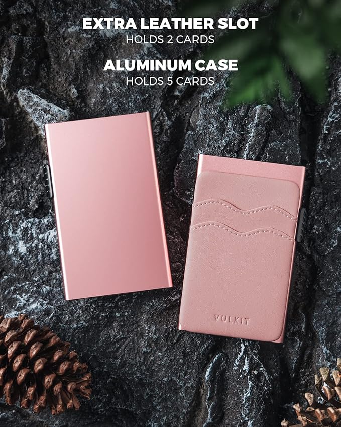 VULKIT Credit Card Holder Minimalist Slim Pop Up Wallet with Leather Slots RFID Blocking for Men and Women Holds 7 Cards and Notes Rose