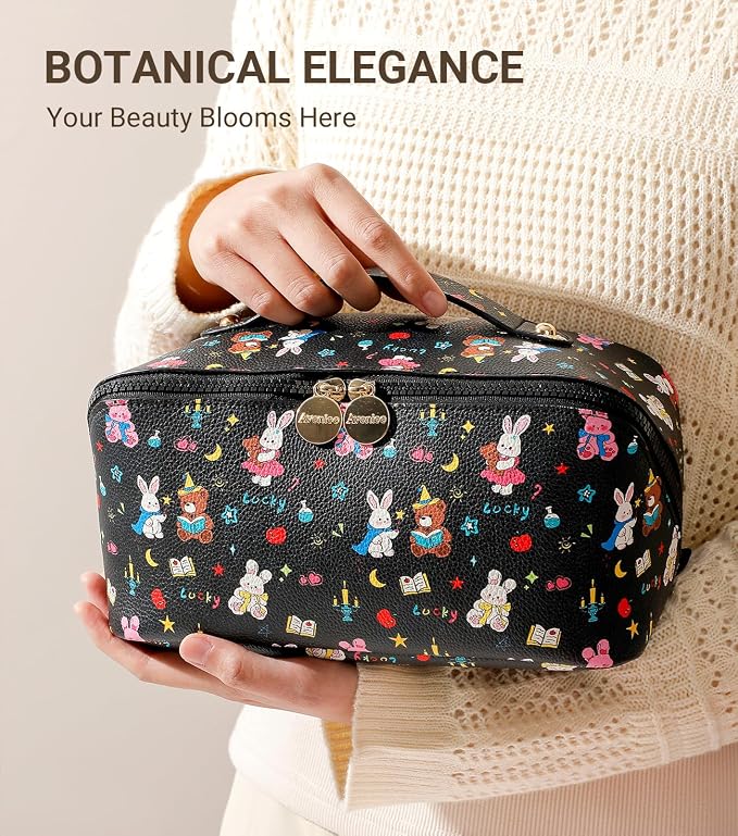 Aveniee Travel Makeup Bag for Women, Large Cosmetic Organizer with Open-Flat Design, Clear Divider & Handle - Waterproof PU Leather Toiletry Case (BunnyPattern)