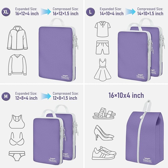 6 Set Compression Packing Cubes, Suitcase Organizer, Lightweight Travel Essentials, Compression Bags For Travel Accessories Luggage Storage Set (6Pcs, Purple)