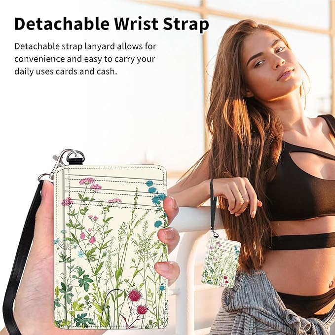 Slim Minimalist Front Pocket Wallet,Credit Card Holder Wallet for Women Men,RFID Blocking Credit Card Holder Case Leather Cute Small Thin Wallet ID Window&Wrist Strap,Flower Floral Plant